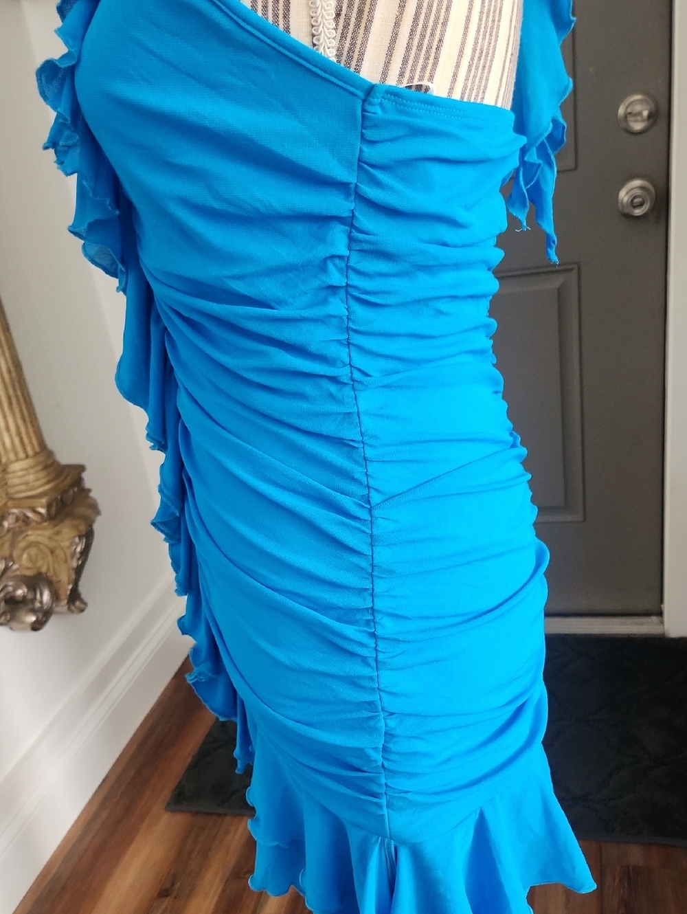 Bright Blue Ruffled Ruched  Halter Mini Dress - Picture 5 of 12